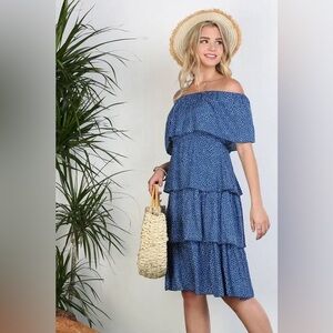 Ninexis Dot Print Off The Shoulder Layered Ruffle Dress Blue